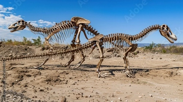 Fototapeta Dinosaur Skeletons on Display Against a Bright Blue Sky and Sandy Terrain