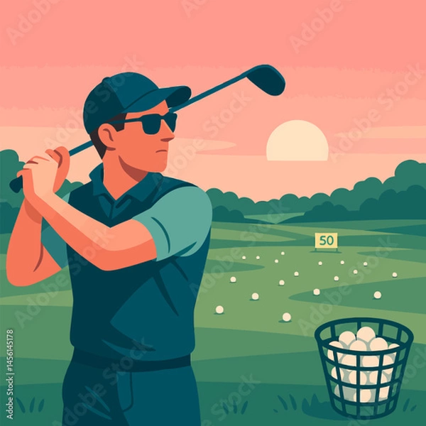 Fototapeta Man Practicing Golf Swing at Driving Range with Sunset View