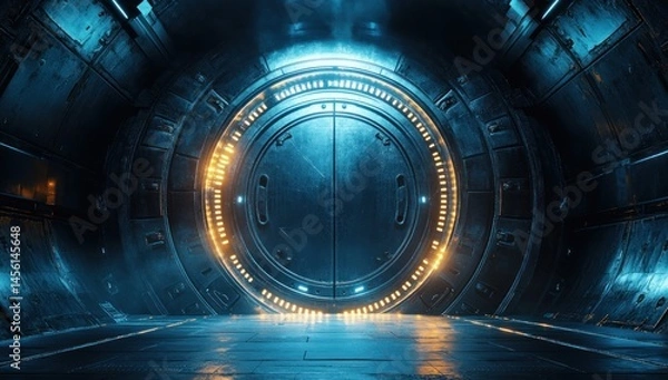 Obraz Futuristic tunnel with glowing circular door