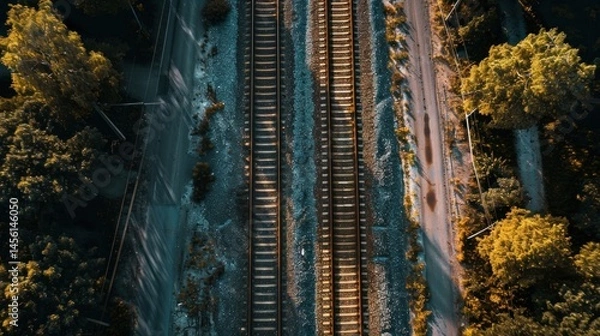 Obraz Aerial View of Train Tracks and Road Surrounded by Lush Greenery