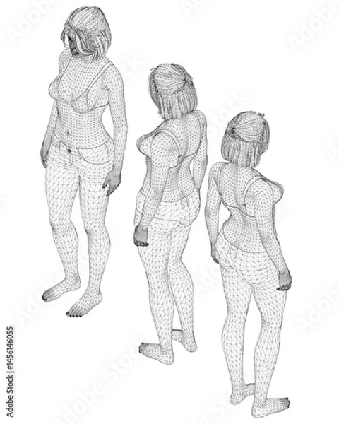 Fototapeta Three women are shown in a black and white drawing. The women are all standing in a row. Isometric view. 3D
