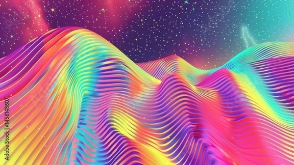 Obraz Abstract Vibrant Wavy Landscape with a Starry Night and Colorful Aurora Borealis