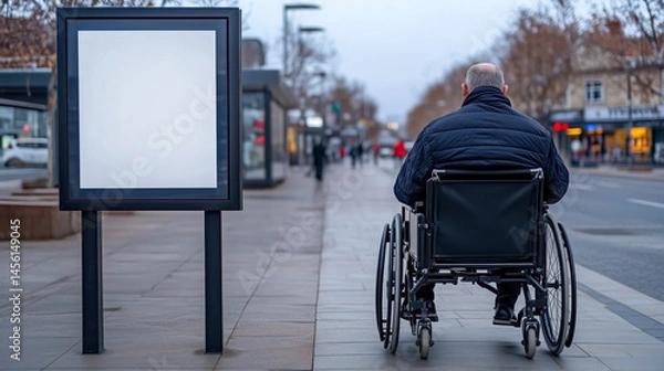 Fototapeta A person in a wheelchair passing by a blank billboard on a city sidewalk, highlighting accessibility and potential for inclusive advertising. Concept for disability awareness.