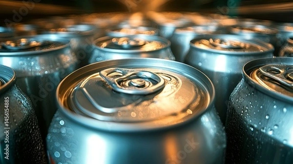 Obraz Aluminum cans in motion on a conveyor system inside a beverage factory, symbolizing the operations of the food and beverage sector. 
