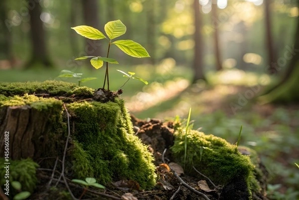 Obraz A small plant growing on a mossy tree stump in forest