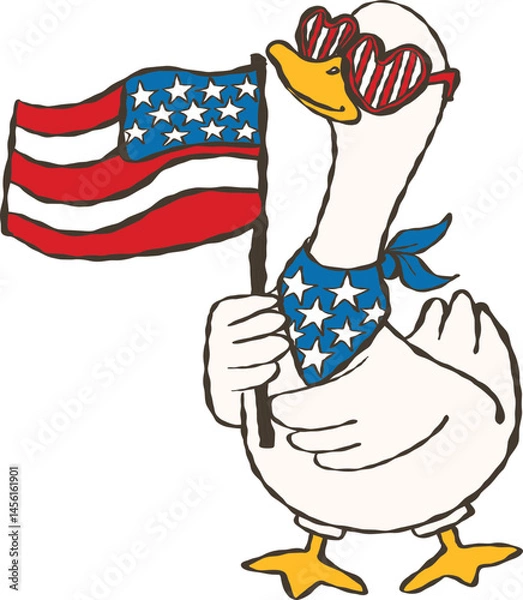 Fototapeta Cool patriotic goose in 4th of July Hand-drawn Cartoon, Retro goose on independence day 