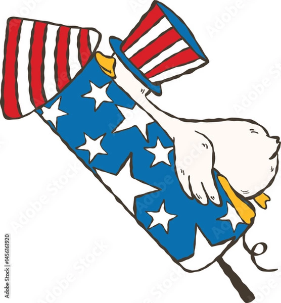 Fototapeta Hand-drawn cartoon Silly goose wearing America hat sleeping on firework for Cerebration in 4th of July 