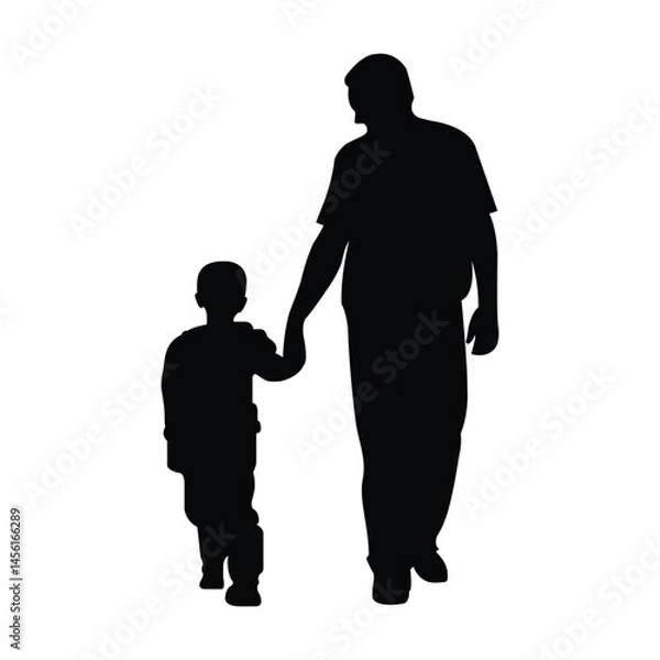 Fototapeta Father and son silhouette vector illustration. Bonding moment icon. The father is standing with holding the child's hand and walking isolated on white background.