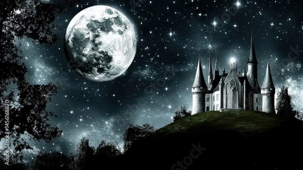 Obraz Whimsical medieval castle under a celestial full moon dreamy night landscape with twinkling stars serene and fantasy backdrop