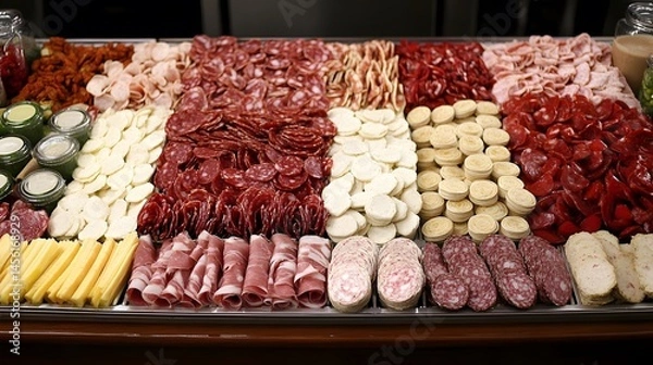 Fototapeta Delicious Charcuterie Board, Assorted Meats, Cheeses, and Crackers