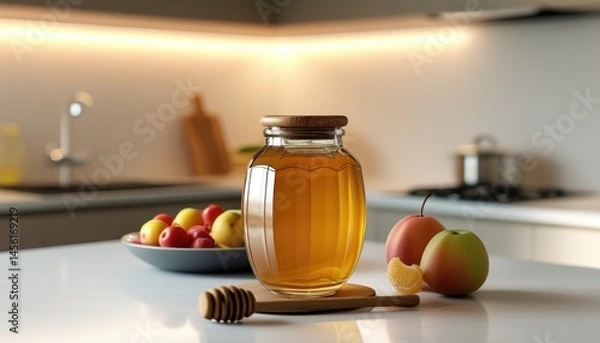 Fototapeta Stylish honey jar on kitchen counter with fresh fruits and copy space for design or branding