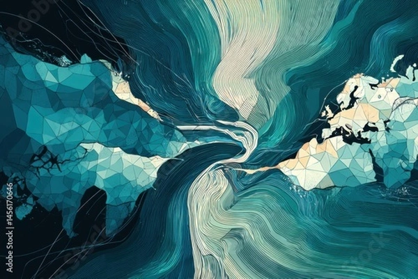 Obraz Abstract Motion Lines Create a Dynamic Separation of a World Map Into Two Distinct Halves, Illustrating Movement and Change Generative AI