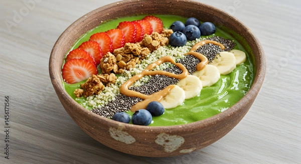 Obraz Green Smoothie Bowl With Strawberries, Blueberries, Bananas and Granola