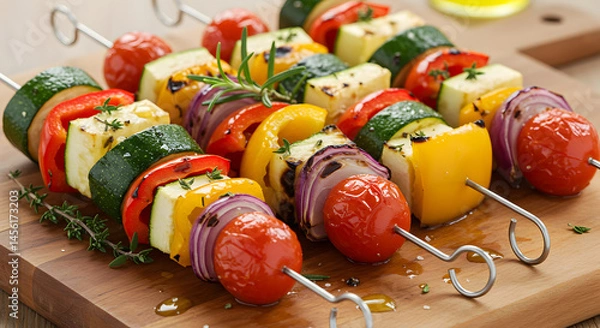 Obraz Grilled Vegetable Skewers Presented on Wooden Cutting Board Gourmet Meal