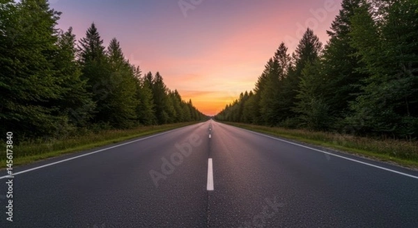 Fototapeta Driving on Long Road at Sunset with Forest Edges and Colorful Sky