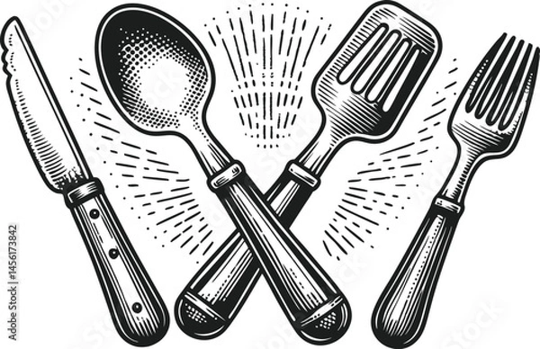 Obraz Set of kitchen utensils for cooking, vintage sketch illustration of food preparation tools for restaurant or diner menu design

