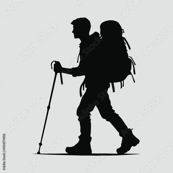 Fototapeta Hiker with backpack walking silhouette vector illustration