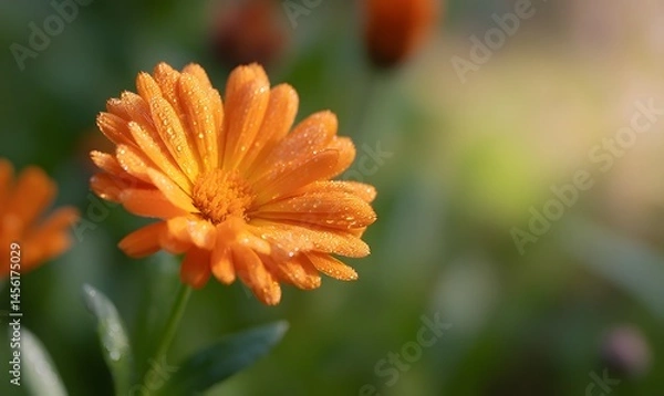 Fototapeta a totally strong orange ringelblume with dew on top, Generative AI