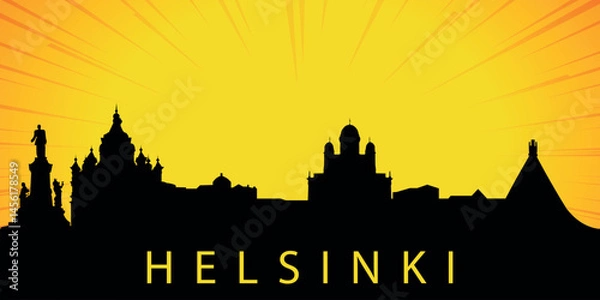 Fototapeta A silhouette of the skyline of Helsinki, Finland against the backdrop of the sunset. The sun is low above the horizon, emitting orange-yellow light with rays that diverge upward.