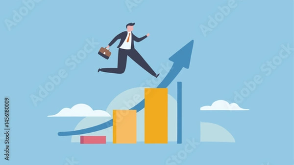 Fototapeta Businessman leaping towards growth ambitious jump on upward trending bar graph achieving success