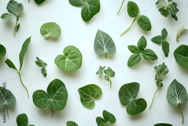 Fototapeta Fresh green leaves arranged on a white background in a pattern.  Various leaf shapes and sizes,  showing vibrant healthy foliage