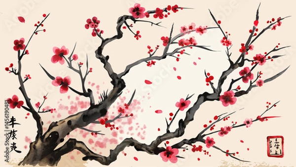 Fototapeta A tree with red blossoms is painted in a style that is reminiscent of Japanese art. The tree is depicted as having a strong, sturdy trunk and branches that are full of blossoms