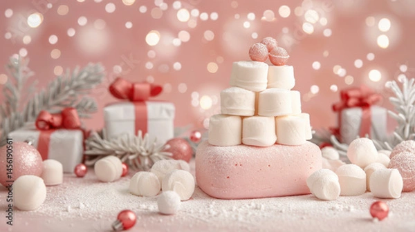 Obraz Delightful marshmallows arranged in festive setting with gifts and decorations