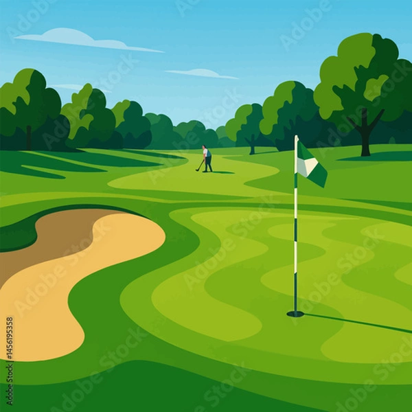 Fototapeta Person Playing Golf on a Green Course with Trees Around