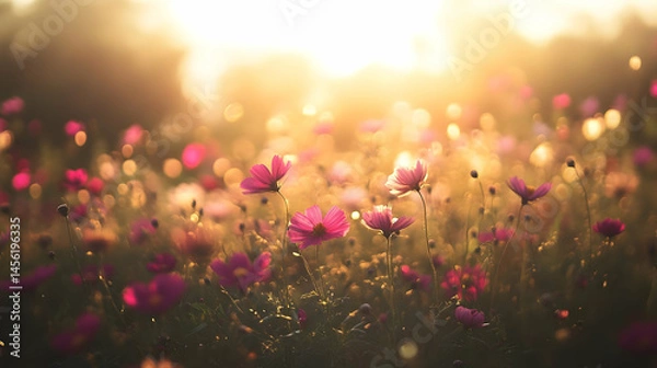 Fototapeta Radiant Cosmos Bloom: A Serene Field Bathed in Golden Sunlight
