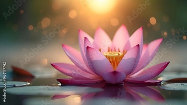 Fototapeta Beautiful pink lotus flower floating on water, illuminated by a golden bokeh light.