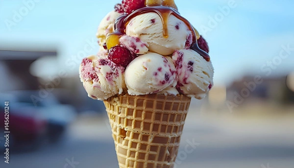 Fototapeta Raspberry Ice Cream Cone with Caramel Sauce