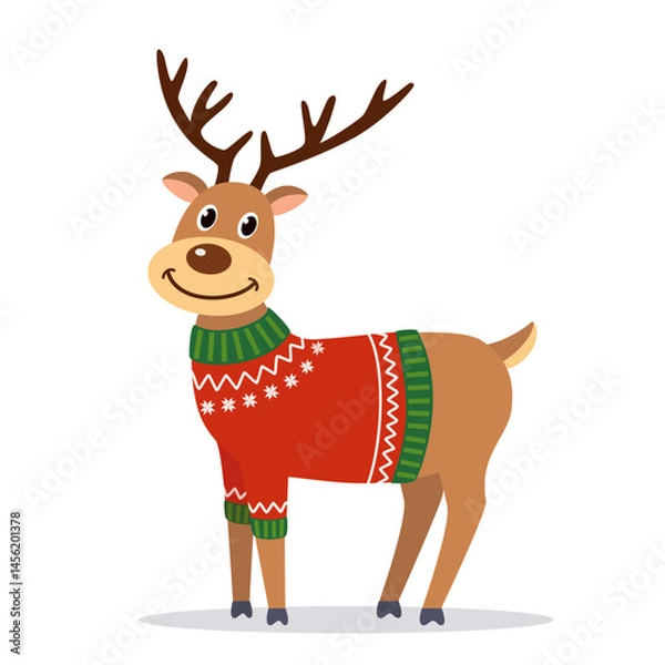 Fototapeta Christmas deer in ugly sweater, vector illustration of reindeer on white background, cute simple flat design, graphic print for children's book