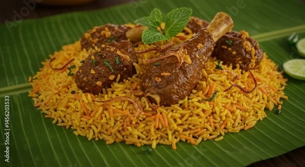 Obraz Delicious mutton biryani rice dish with aromatic spices and herbs up top food meal meat lamb leaf