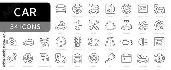 Obraz Car simple line icons set. Auto repair, car service, vehicle, maintenance, wheel, engine, parking, garage editable stroke icon. vector