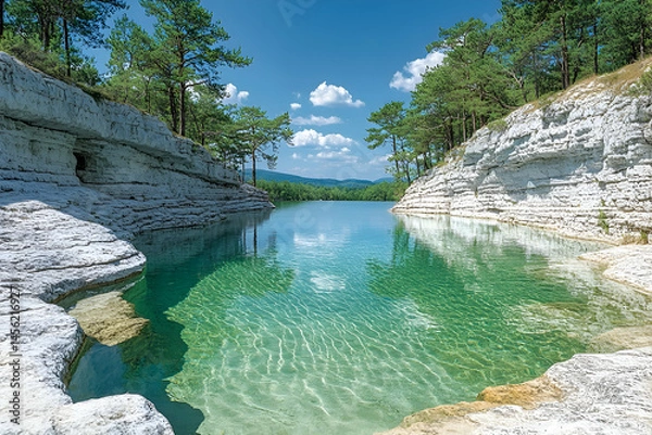 Fototapeta Serene Green Lake Surrounded by White Rocks and Lush Trees