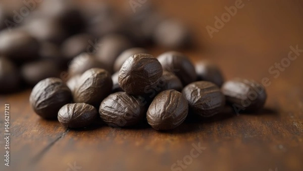 Fototapeta Tonka Beans. Edible Nut Treasure. Trend product close-up. Bowl of golden Tonka beans sits invitingly on table, symbolizing childhood wonder and sweet treasure.