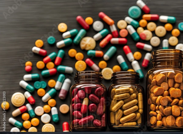 Obraz Assorted pills and capsules in various colors and shapes, scattered on a dark surface, with medicine bottles.