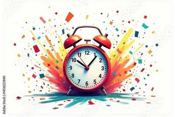 Fototapeta Vintage clock. Red alarm clock with confetti explosion celebration cou