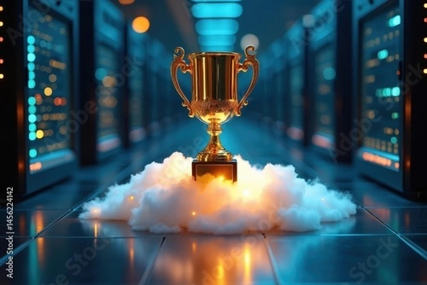 Fototapeta Champion trophy. Golden victory. Cloud pedestal. Data center. IT success. Award concept. Digital competition. Server room. Achievement symbol. Technology excellence. Business prize. Innovation reward.