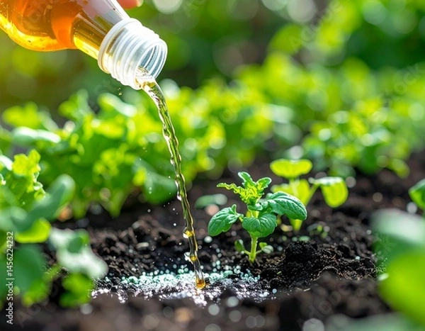 Obraz Close-up of liquid fertilizer being poured from a bottle into soil around vegetable plants, vibrant greenery, no people