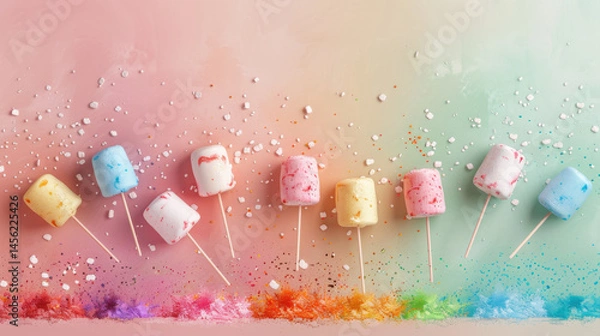 Obraz Colorful marshmallows on sticks arranged in vibrant rainbow pattern, creating joyful atmosphere
