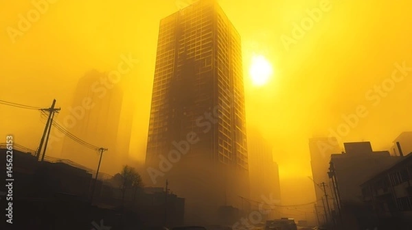 Fototapeta A colossal brutalist skyscraper stands distinct against a toxic yellow sky while empty urban streets emphasize desolation and architectural dominance in a dystopian landscape
