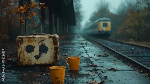 Fototapeta Haunting Abandoned Railway Station with Scattered Luggage, Coffee Cups, and Overgrown Trees Along Neglected Tracks Evoking Melancholy and Nostalgic Decay