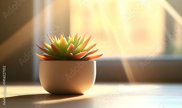 Fototapeta Small Succulent in White Pot Basking in Sunlight