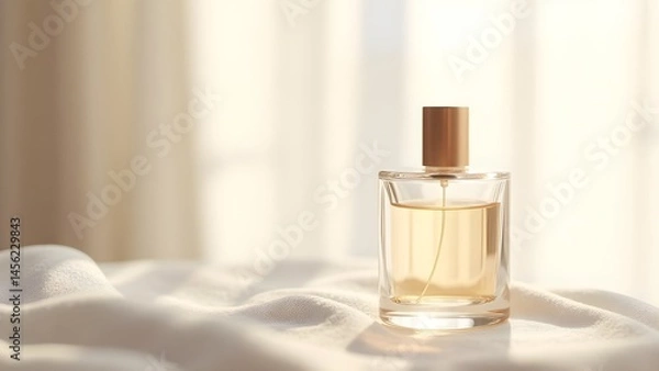 Fototapeta Elegant perfume bottle on a draped linen fabric in soft natural light, a modern and minimalist composition.