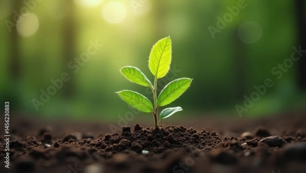 Fototapeta Tree Planting. Natures New Beginning. Trend product close-up. Small sapling emerges from earth, symbolizing hope and renewal in vast open landscape.