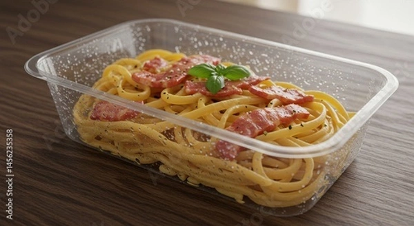 Obraz Delicious pasta carbonara dish with crispy bacon and basil eat egg food meal rich herb lunch plate