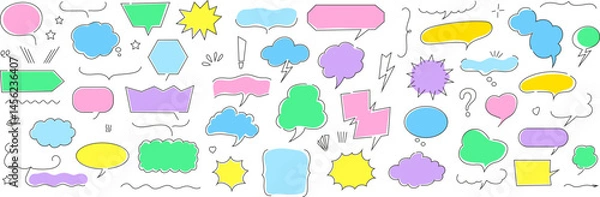 Obraz Colorful hand-drawn vector collection of comic speech and thought bubbles in various shapes and styles, ideal for pop art designs, communication themes, and playful illustrations.