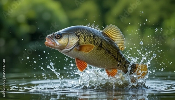 Obraz Big freshwater perch jump out splashing water on green nature background.