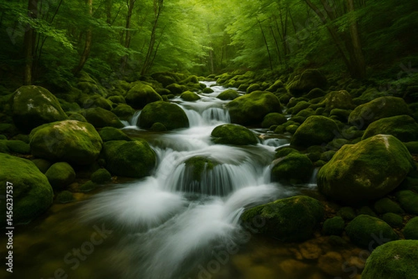Fototapeta Peaceful mountain stream flowing through lush green forest